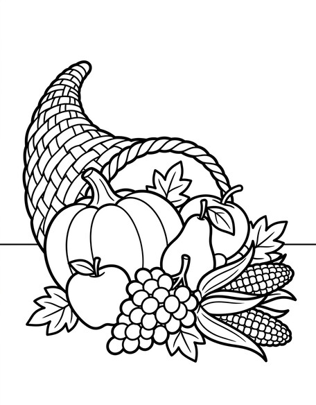 Cornucopia coloring page with woven horn-of-plenty spilling pumpkin, apple, pear, grapes, and corn PDF preview