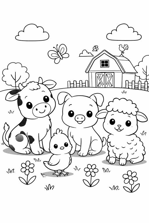 Cow Pig Sheep Bird coloring page showing four friendly farm animals standing together in one simple printable PDF preview