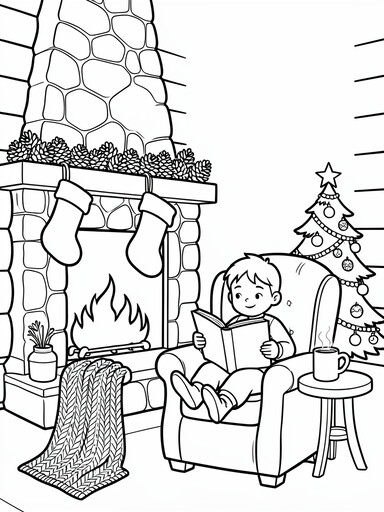 Cozy Christmas cabin coloring page showing a child reading by a stone fireplace with stockings and a tree