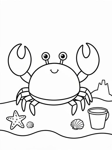 Crab coloring page showing a smiling crab on the beach with raised claws, a starfish, shells, a bucket, and a sandcastle