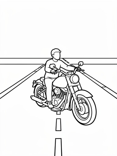 Cruiser motorcycle coloring page showing a rider on an open highway with lane markings
