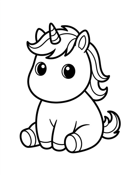 Cute baby unicorn coloring page with chubby baby unicorn sitting facing forward, big eyes, short mane, tiny horn PDF preview