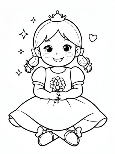 Cute princess sitting cross-legged holding a flower bouquet with pigtails and a tiara coloring page