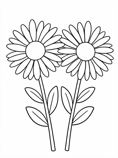 Two large daisies with radiating narrow petals and round center disks on straight stems with leaves coloring page