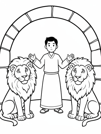 Man standing calmly with two lions seated beside him in a stone cave den coloring page