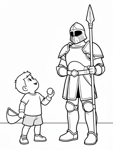 Small boy with sling and stone facing a tall armored warrior holding a long spear coloring page