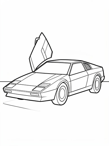 DeLorean time machine coloring page showing a wedge sports car with a raised gull-wing door