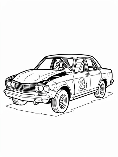 Demolition derby car coloring page showing a dented sedan with a roll cage and painted number