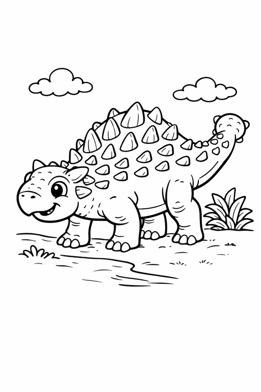 Ankylosaurus Dinosaur coloring page showing a single dinosaur in a simple prehistoric scene with clear outlines PDF preview