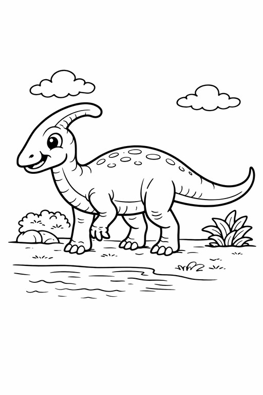 Parasaurolophus Dinosaur coloring page showing a single dinosaur in a simple prehistoric scene PDF preview