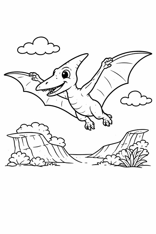 Pteranodon Flying Dinosaur coloring page showing a single dinosaur in a simple prehistoric scene PDF preview