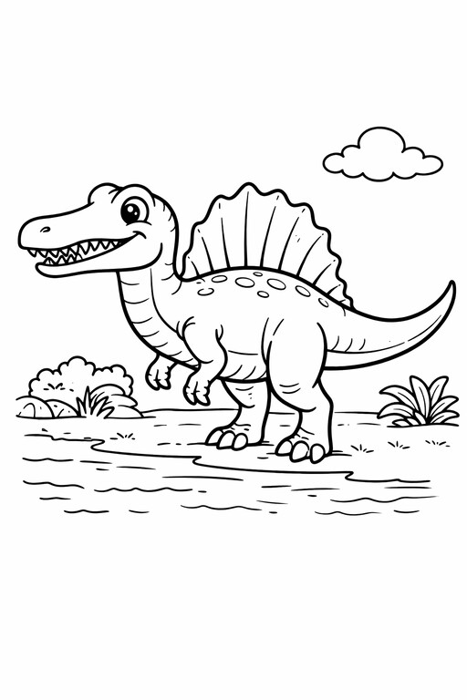 Spinosaurus Dinosaur coloring page showing a single dinosaur in a simple prehistoric scene with clear outlines PDF preview