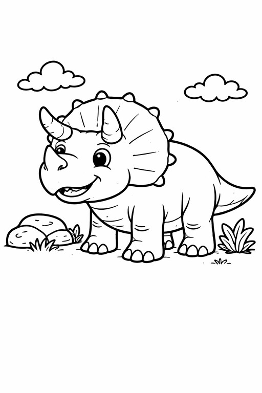 Triceratops Dinosaur coloring page showing a single dinosaur in a simple prehistoric scene with clear outlines PDF preview
