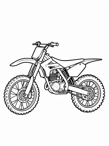 Dirt bike coloring page showing a motocross bike with knobby tires and a tall front fender