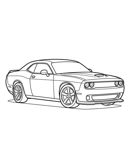 Dodge Challenger Hellcat muscle car with wide body and hood scoop coloring page