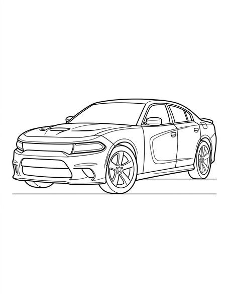 Dodge Charger coloring page showing a four-door muscle sedan with split grille and five-spoke wheels PDF preview