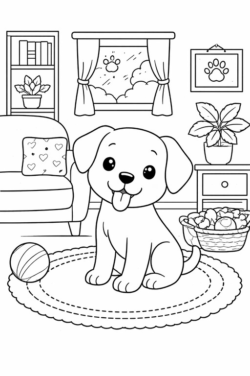 Dog Indoor Furniture coloring page showing a smiling puppy sitting on a rug inside a cozy room with a window PDF preview