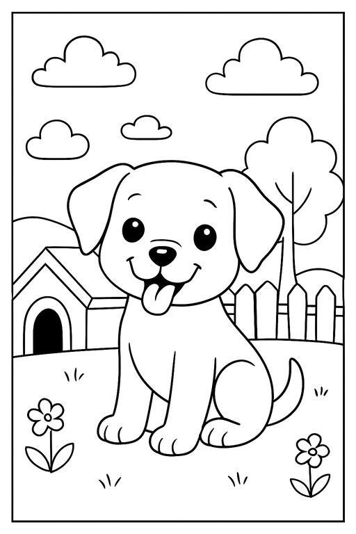 Dog sitting in front of a kennel with clouds coloring page