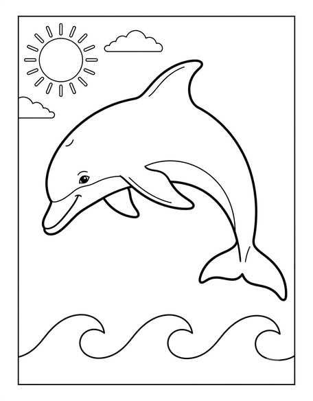 Bottlenose dolphin leaping over ocean waves with sun and clouds coloring page