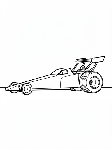 Drag racer coloring page showing a long narrow dragster with tiny front wheels and huge rear slick tires
