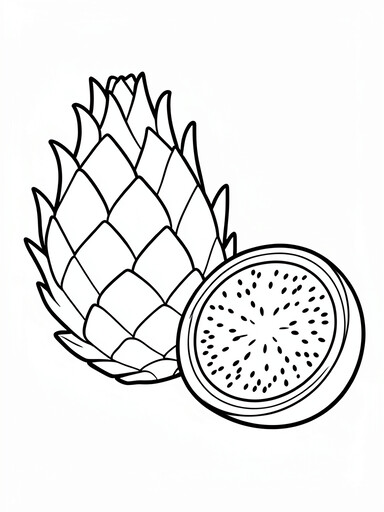 Dragon fruit coloring page showing a scaled whole fruit beside a sliced piece full of tiny seed dots