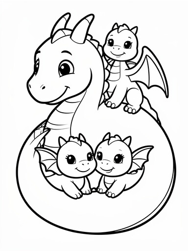 Mama Dragon with Three Baby Dragons coloring page