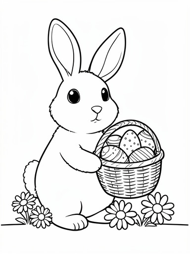 Easter bunny holding basket of decorated eggs with daisies coloring page