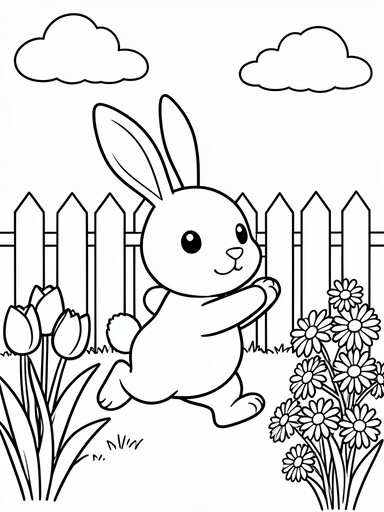 Easter bunny hopping through garden with tulips daisies and picket fence coloring page