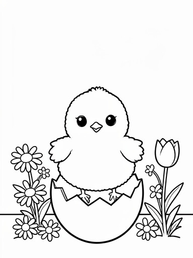 Baby chick hatching from eggshell surrounded by spring daisies and tulip coloring page