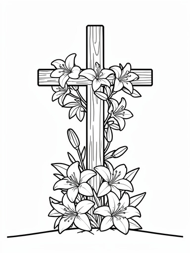Easter cross with large lily blossoms draped over the arms and base coloring page