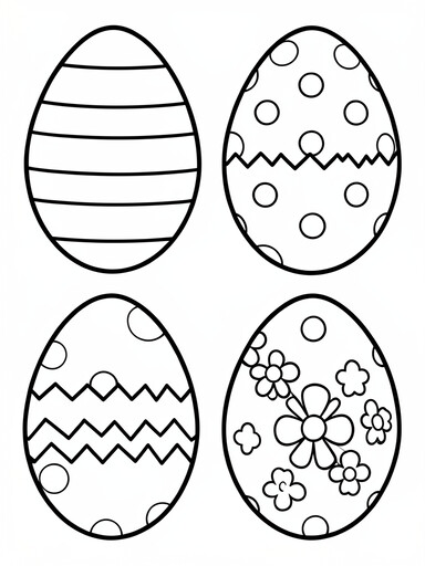 Four large Easter eggs with stripe, dot, zigzag, and flower patterns coloring page