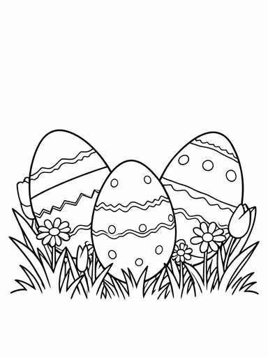 Three decorated Easter eggs in spring grass with daisy and tulip flowers coloring page