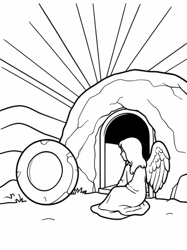 Angel kneeling beside empty tomb entrance with rolled stone and sunrise rays coloring page