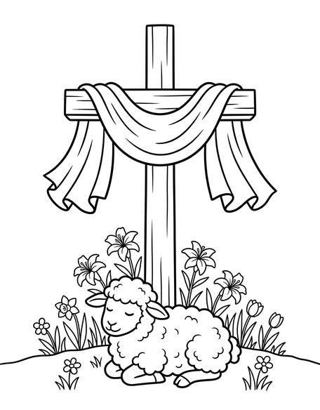 Lamb resting at the base of a tall cross with a large draped banner and Easter lilies coloring page