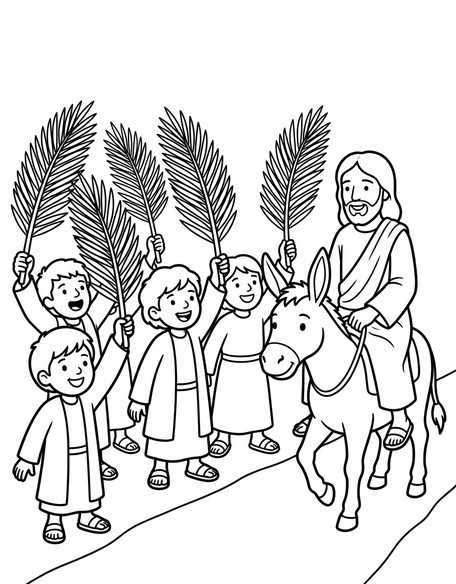 Four kids holding tall palm branches greeting Jesus on a small donkey coloring page