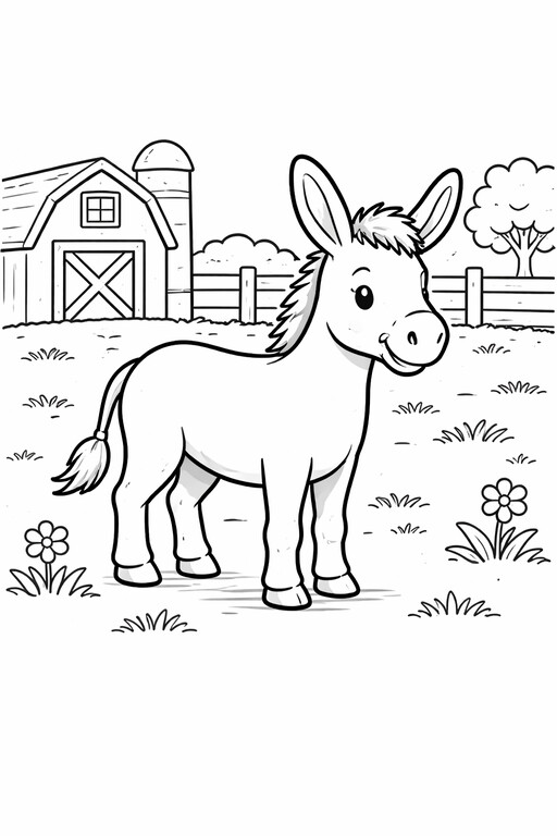 Donkey coloring page showing a farm donkey standing in a field with a barn, fence, and flowers behind it PDF preview