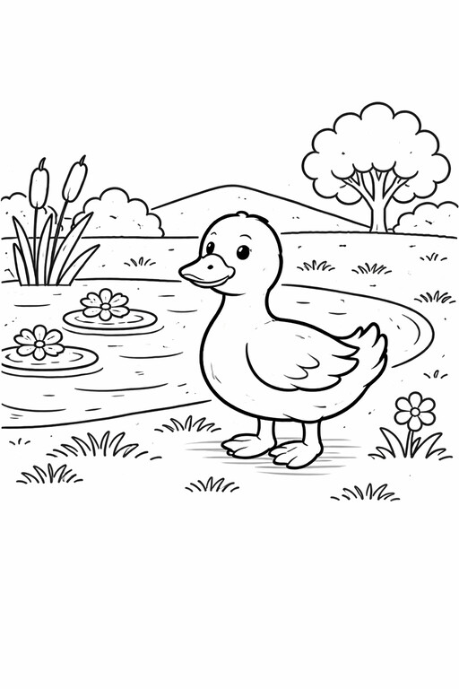 Duck coloring page showing a duck standing beside a pond with reeds, grass, and trees in the background PDF preview