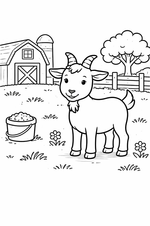 Goat coloring page showing a farm goat standing in front of a barn, feed bucket, fence, and flowers PDF preview