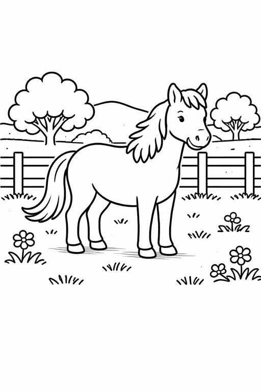 Horse coloring page showing a farm horse standing in a fenced pasture with trees and flowers around it PDF preview