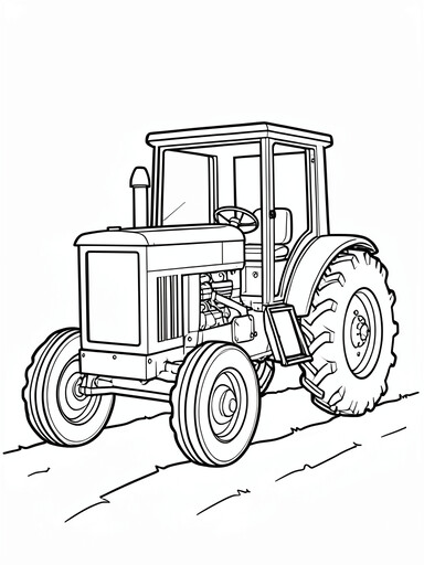Farm tractor coloring page showing a boxy engine hood, open cab, and large tread-lined rear wheels over furrowed field lines