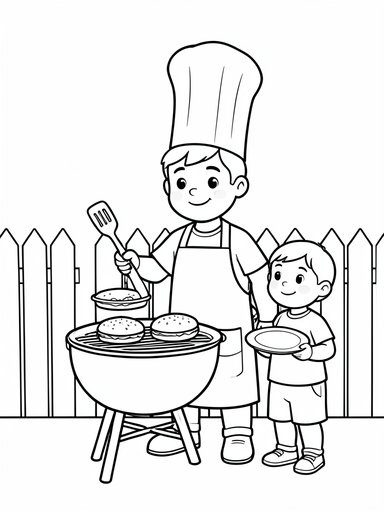 Dad in apron and chef hat grilling burgers with child helper and picket fence coloring page PDF preview