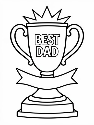 Best Dad trophy cup with heart accent on the front, star burst above, and blank ribbon banner at the base coloring page PDF preview