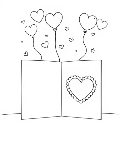 Open Father's Day greeting card with a scalloped heart on the inside panel, heart balloons and small hearts and stars floating above coloring page PDF preview