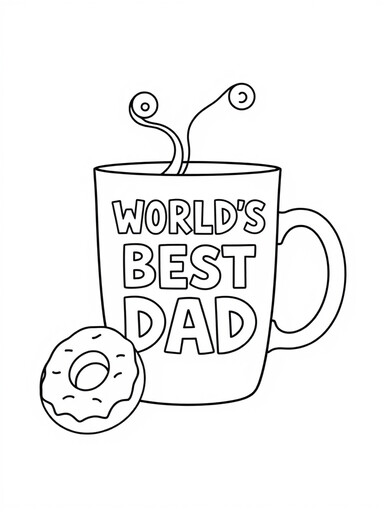 Large coffee mug reading WORLD'S BEST DAD with steam curls and a donut coloring page PDF preview