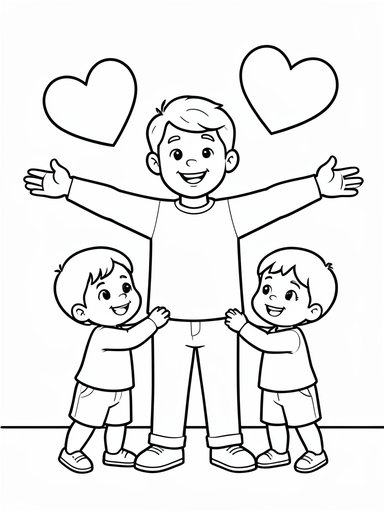 Dad with arms wide open hugging three children with big heart outlines above coloring page PDF preview