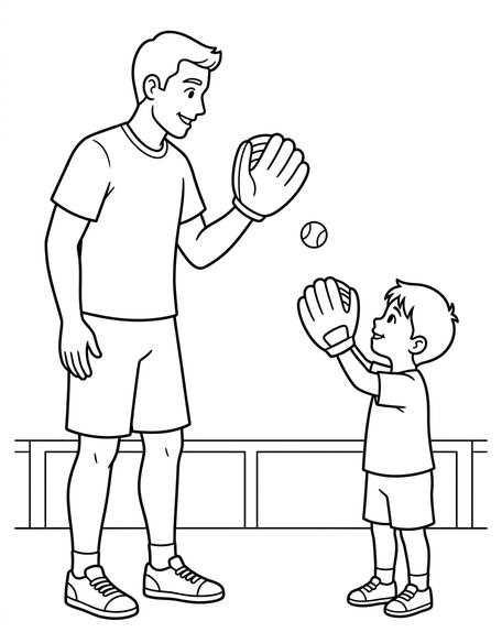 Dad and child in backyard playing baseball catch with gloves and ball mid-air coloring page PDF preview