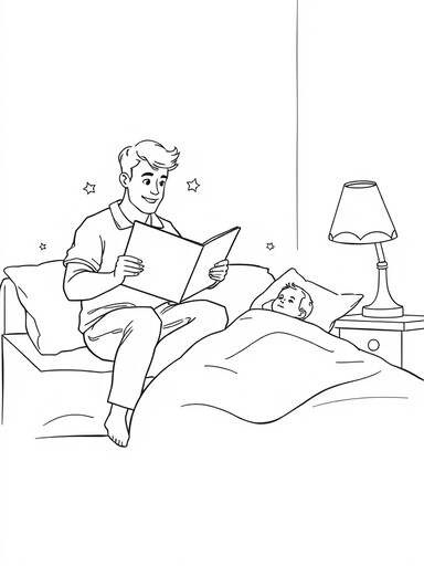Dad sitting on bed edge reading a book to a child tucked in with bedside lamp coloring page PDF preview