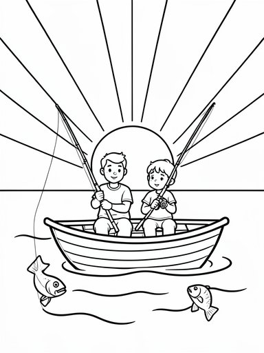 Dad and child in a rowboat fishing with rods and a fish jumping coloring page PDF preview