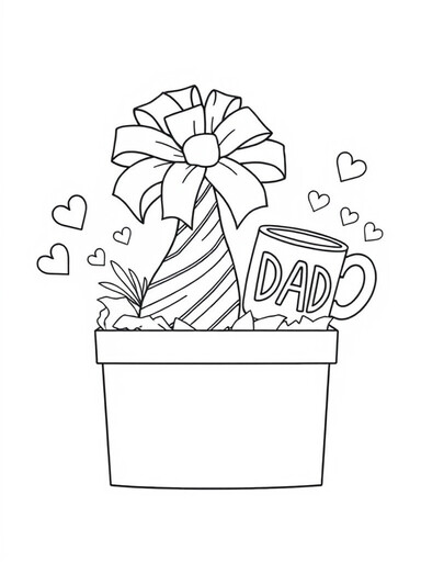 Open gift box with striped tie and DAD coffee mug with hearts coloring page PDF preview