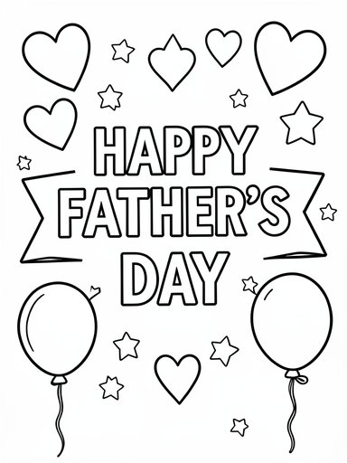 Happy Father's Day banner with hearts, stars, and balloons coloring page PDF preview